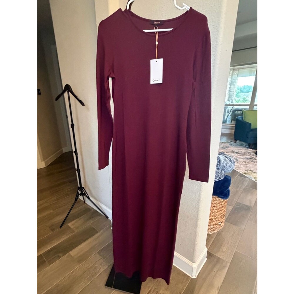 Quince Jersey Long Sleeve Maxi V-Neck Tencel Modal Dress/ Wine Tasting Red / M